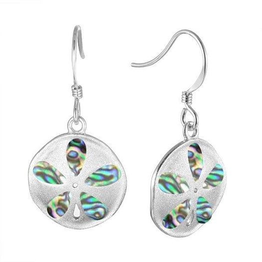 Sand blasted sterling silver sand dollar earrings featuring iridescent abalone.
