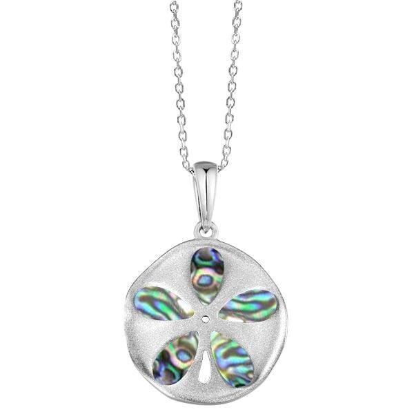 Sand blasted Sterling silver sand dollar pendant featuring Abalone. 