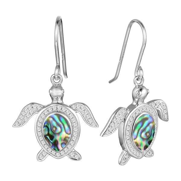 Sterling silver sea turtle hook earrings featuring Pave detail and an abalone shell.