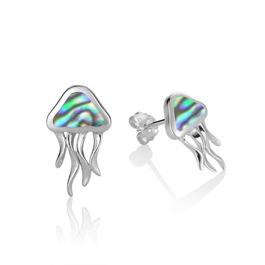 Sterling silver earrings stud backed earrings with an abalone gemstone. The earrings are shaped like a jellyfish. 