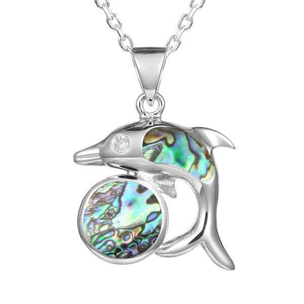 Stelling sliver and abalone pendant designed as a dolphin over circle. 