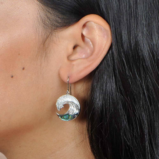 A model wearing a Sterling silver Ocean Wave Earring featuring white topaz and Abalone