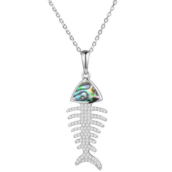 Sterling silver Fishbone pendant featuring abalone, and white topaz. 