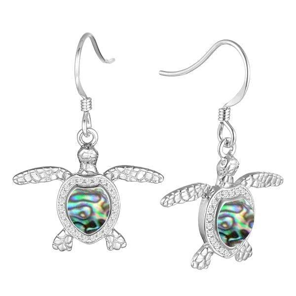 Sterling silver sea turtle hook earrings featuring Pave detail and an abalone shell.