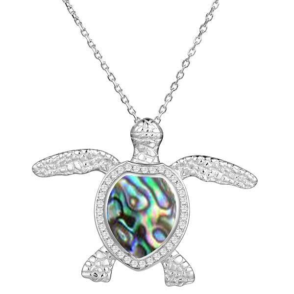 Sterling silver sea turtle pendant, featuring Pave detail and an abalone shell. 