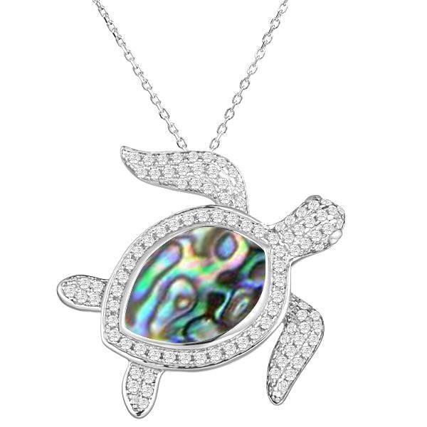 Sterling silver sea turtle pendant featuring Pave detail and an abalone shell.