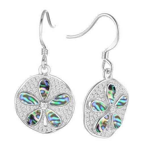 Sterling silver and Pave sand dollar earring featuring iridescent abalone. 