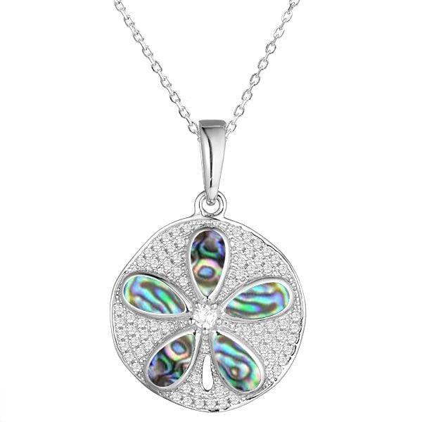 Sterling silver sand dollar pendant featuring Pave and iridescent abalone
