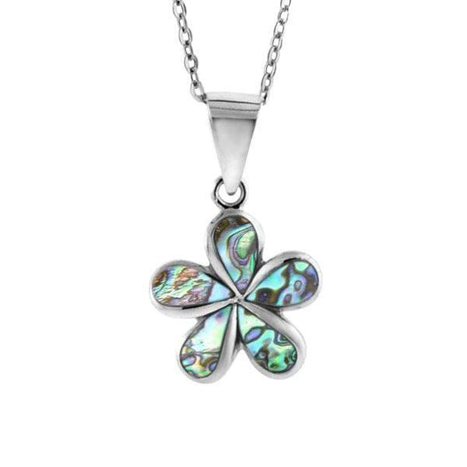 Sterling silver plumeria pendant featuring Abalone pedals.