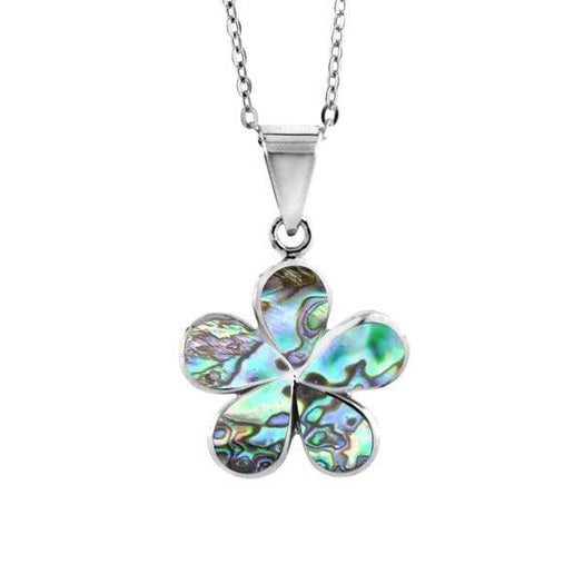Abalone and sterling silver plumeria shaped pendant. The petals are made of abalone, outlined by silver.