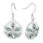 Sterling silver hook sand dollar earrings featuring iridescent abalone. 