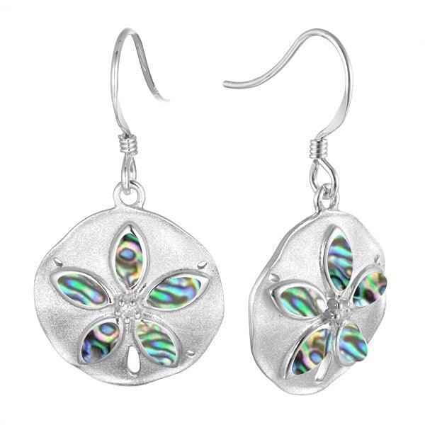 Sterling silver hook sand dollar earrings featuring iridescent abalone. 