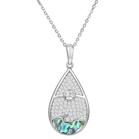 Abalone, white topaz, and sterling silver pendant featuring a sun and wave design. 