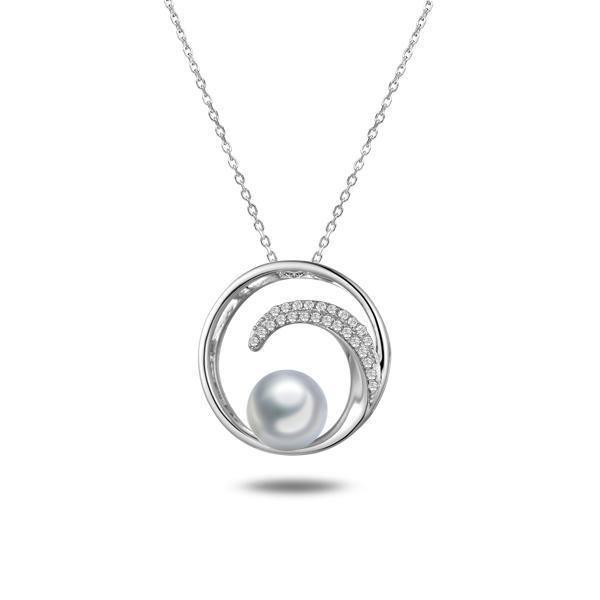 In this photo there is a white gold circle pendant with a wave, diamonds, and one white Akoya pearl.