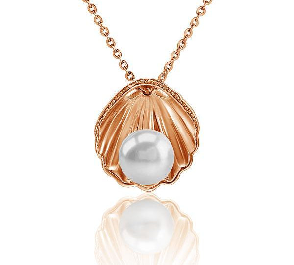 In this photo there is a rose gold oyster shell pendant with a white Akoya pearl.