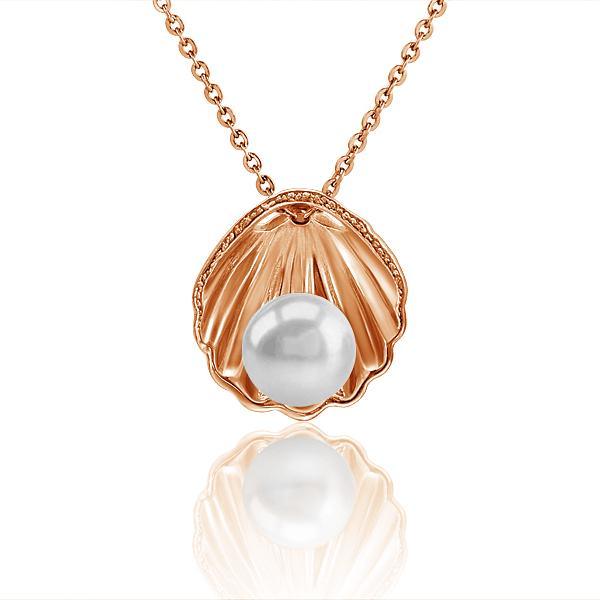 In this photo there is a rose gold oyster shell pendant with a white Akoya pearl.