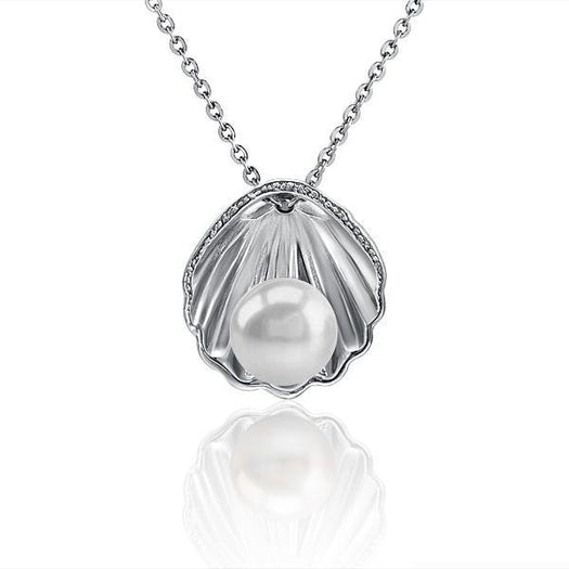 In this photo there is a white gold oyster shell pendant with a white Akoya pearl.