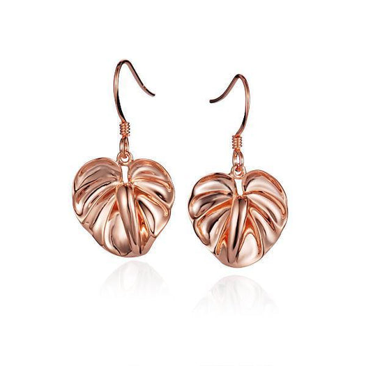 This picture shows a pair of 14K rose gold anthurium flower hook earrings.
