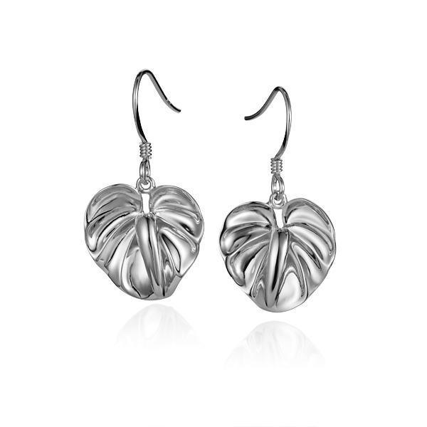 This picture shows a pair of 14K white gold anthurium flower hook earrings.