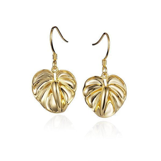 This picture shows a pair of 14K yellow gold anthurium flower hook earrings.