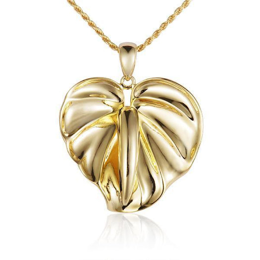 In this photo there is a yellow gold anthurium flower pendant.