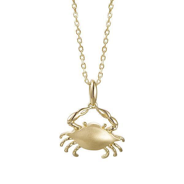 The photo shows a 14K yellow gold blue crab pendant.