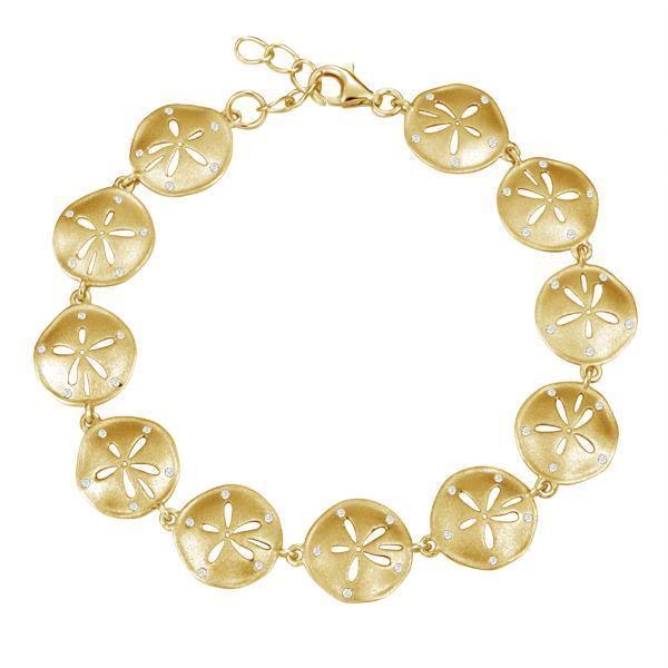 The picture shows a 925 sterling silver yellow gold-plated sand dollar bracelet with topaz