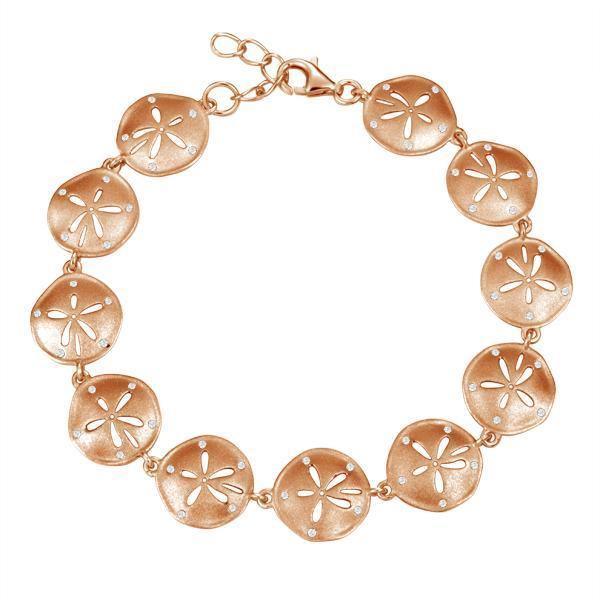 The picture shows a 925 sterling silver rose gold-plated sand dollar bracelet with topaz