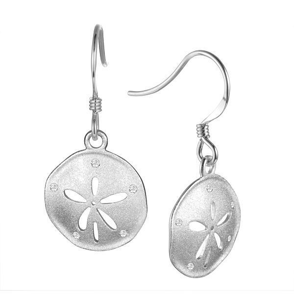 The picture shows a pair of 14k white gold Atlantic sand dollar hook earrings with diamonds.