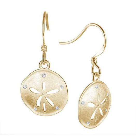 The picture shows a pair of 14K yellow gold Atlantic sand dollar hook earrings with diamonds