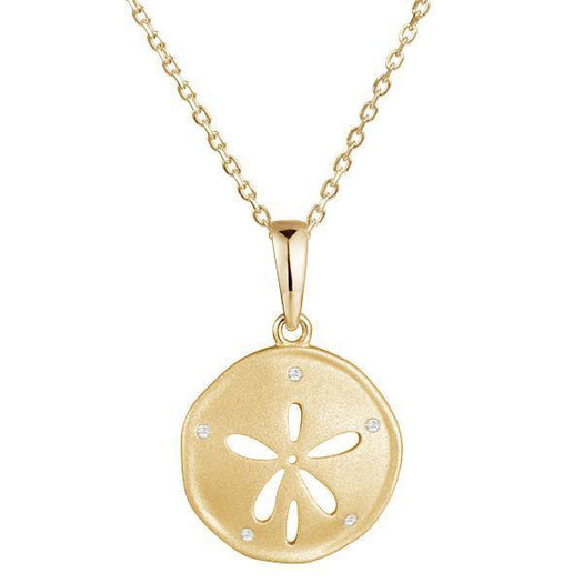 The picture shows a 925 sterling silver, yellow gold vermeil, sand dollar pendant with topaz.