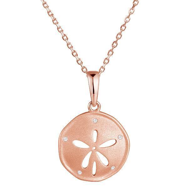This picture shows a 14K rose gold sand dollar pendant with diamonds.
