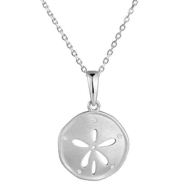 This picture shows a 14K white gold sand dollar pendant with diamonds.
