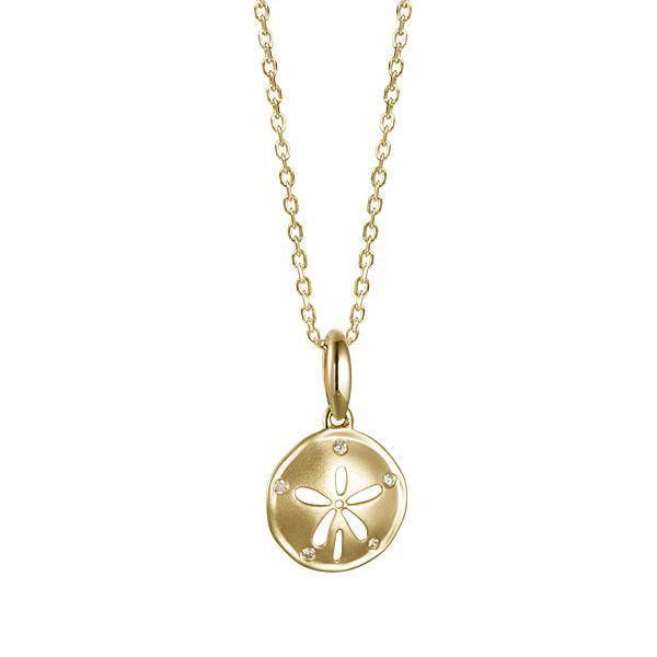 The picture shows a small size 14K yellow gold sand dollar pendant with diamonds.