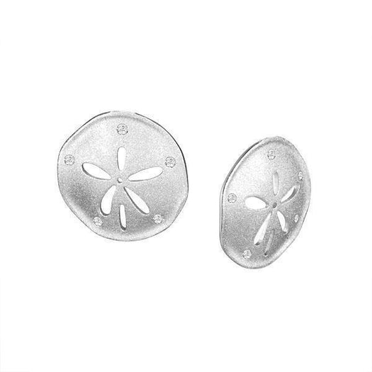 The picture shows a pair of 925 Sterling silver sand dollar stud earrings with topaz.