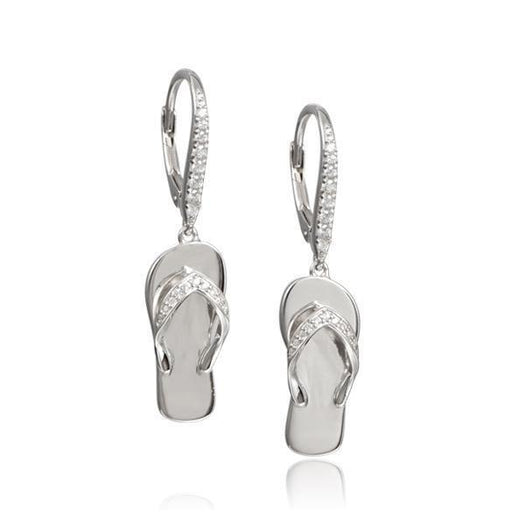In this photo there is a pair of 925 sterling silver beach slipper lever-back earrings with topaz gemstones.