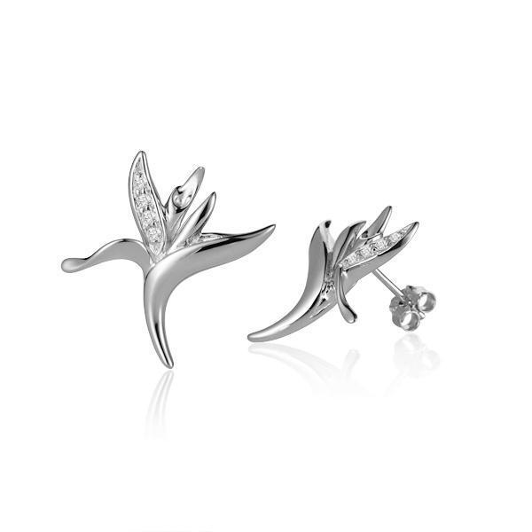 The picture shows a pair of 14K white gold bird of paradise stud earrings paired with diamonds.