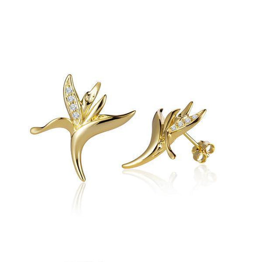 The picture shows a pair of 14K yellow gold bird of paradise stud earrings with diamonds
