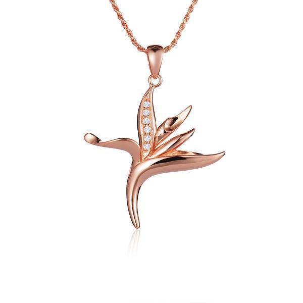 In this photo there is a small rose gold bird of paradise pendant with diamonds.