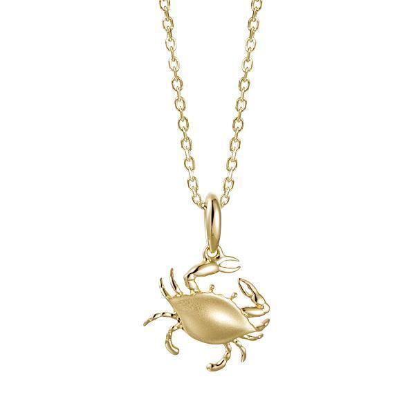 The picture shows a small 14K yellow gold blue crab pendant.