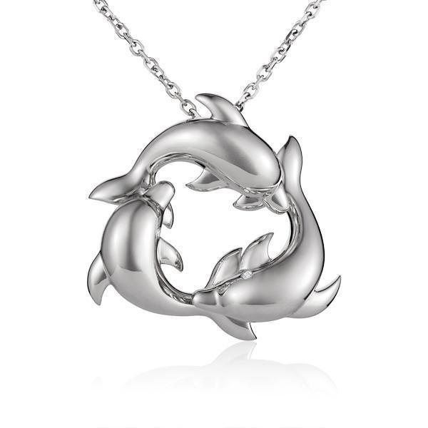 The picture shows a 925 sterling silver pendant featuring a circle of three dolphins with cubic zirconia.