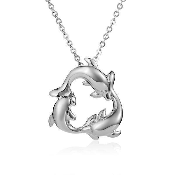 The picture shows a 925 sterling silver pendant featuring a circle of three dolphins with cubic zirconia.