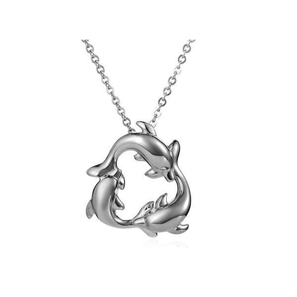 The picture shows a 925 sterling silver pendant featuring a circle of three dolphins with cubic zirconia.
