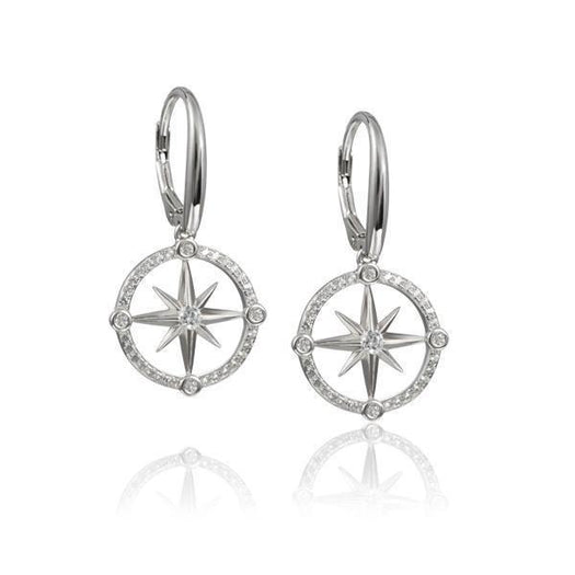 In this photo there is a pair of 925 sterling silver compass lever-back earrings with topaz gemstones.