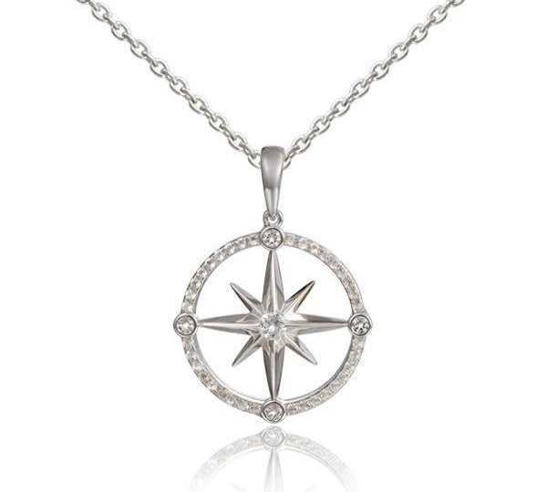 In this photo there is a sterling silver compass pendant with topaz gemstones.