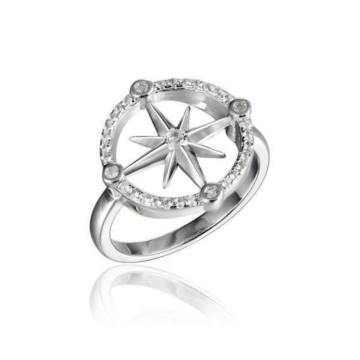 In this photo there is a 925 sterling silver compass ring with topaz gemstones.