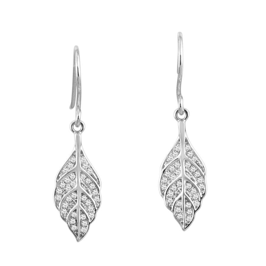 The picture shows a pair of 14K white gold diamond maile leaf hook earrings.
