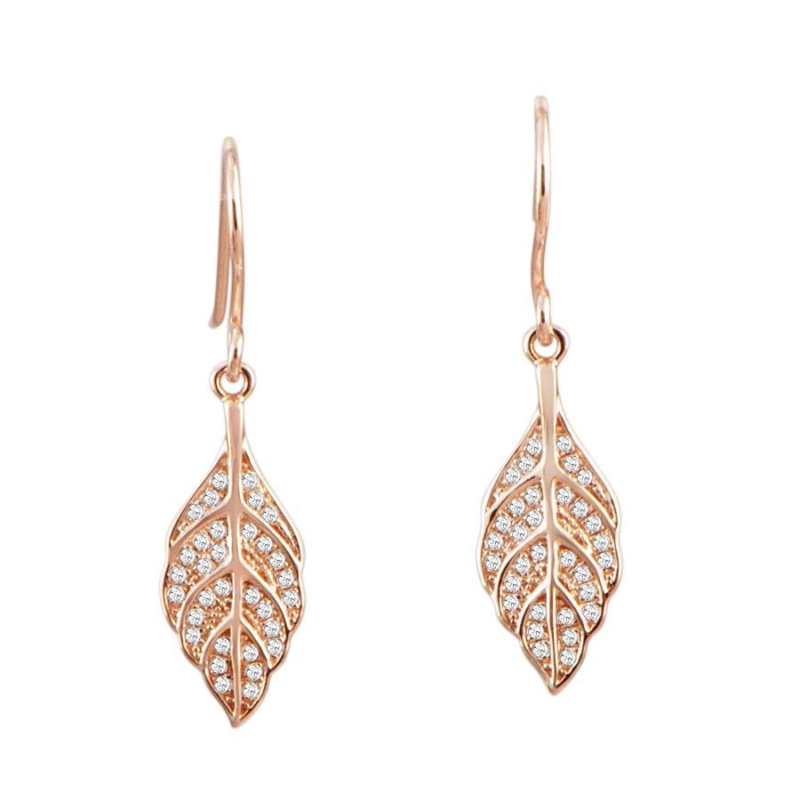 The picture shows a pair of 14K rose gold diamond maile leaf hook earrings.