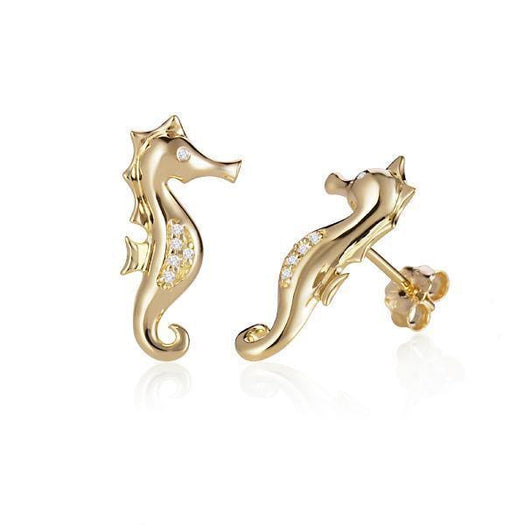 The picture shows a pair of 14K yellow gold seahorse stud earrings with diamonds.