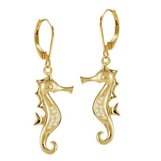 The picture shows a pair of 14K yellow gold diamond seahorse hook lever-back earrings.
